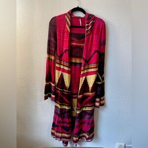 Free People long multi-color patterned cardigan with hood